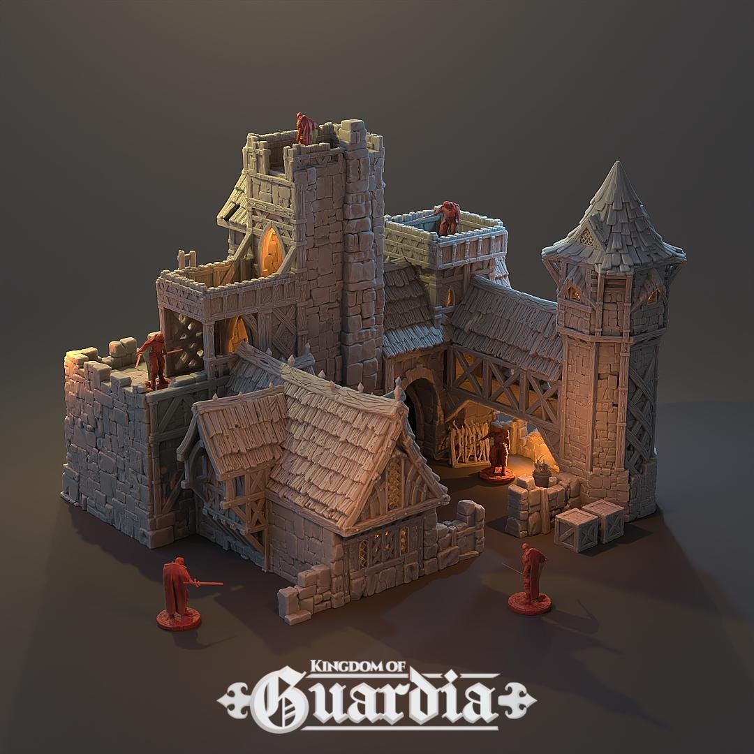 The Archery School – The Butts Compound rises with fortified stone walls, timber bridges, and training yards. The courtyard features archery targets, while towers and walkways provide elevated positions. Lit interiors and removable roofs make it fully playable, perfect for training encounters or dramatic battles.