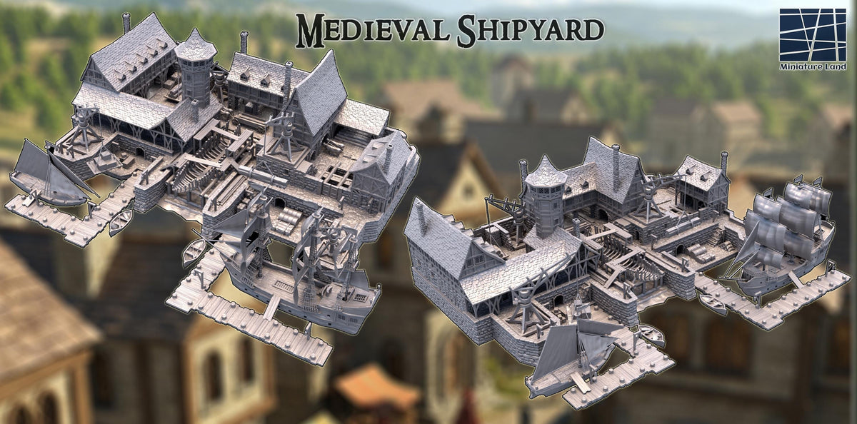 Medieval Shipyard | 28mm Dockyard Terrain with Galleon, Schooner & Rowboats | 3D Printed PLA Harbor Set