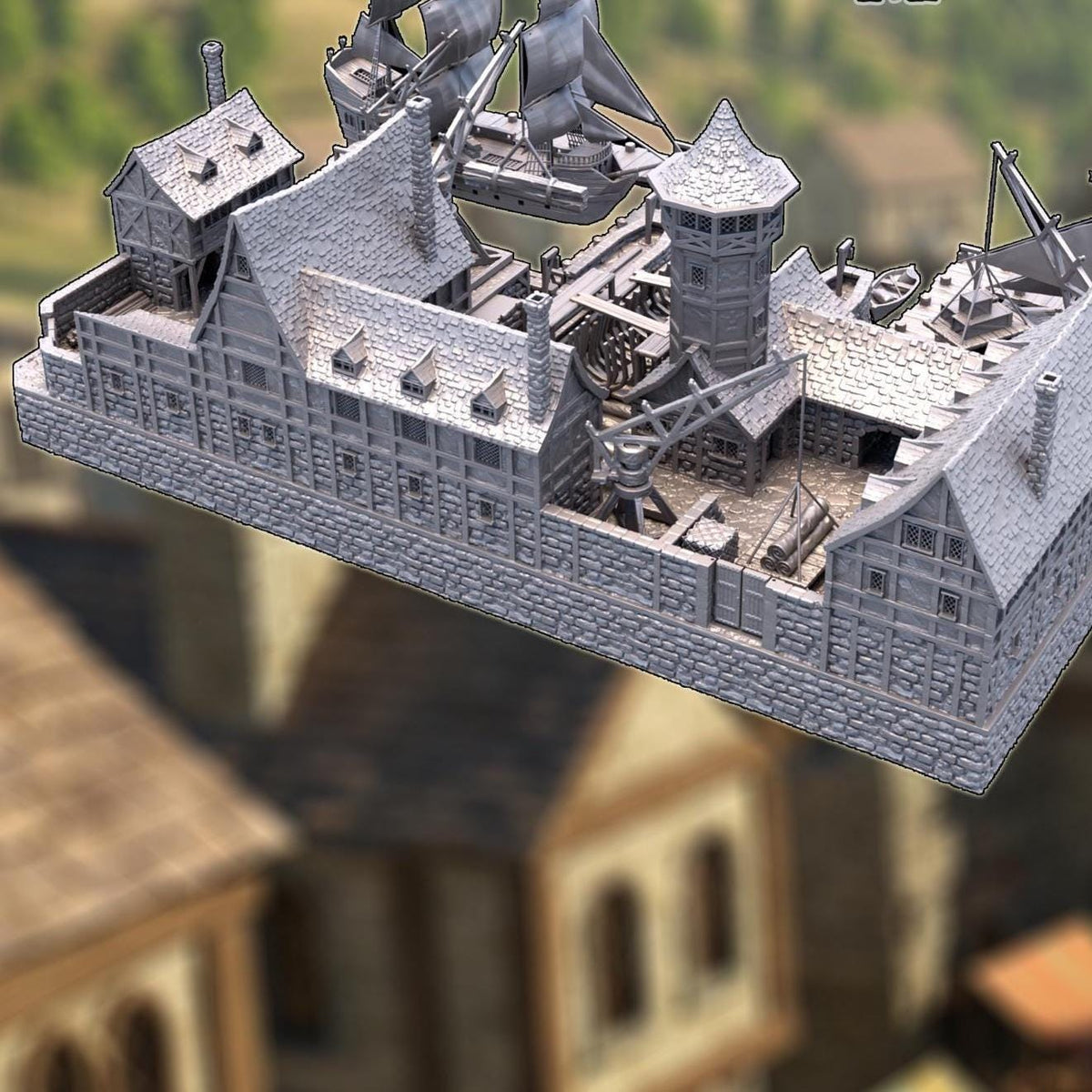 Medieval Shipyard | 28mm Dockyard Terrain with Galleon, Schooner & Rowboats | 3D Printed PLA Harbor Set
