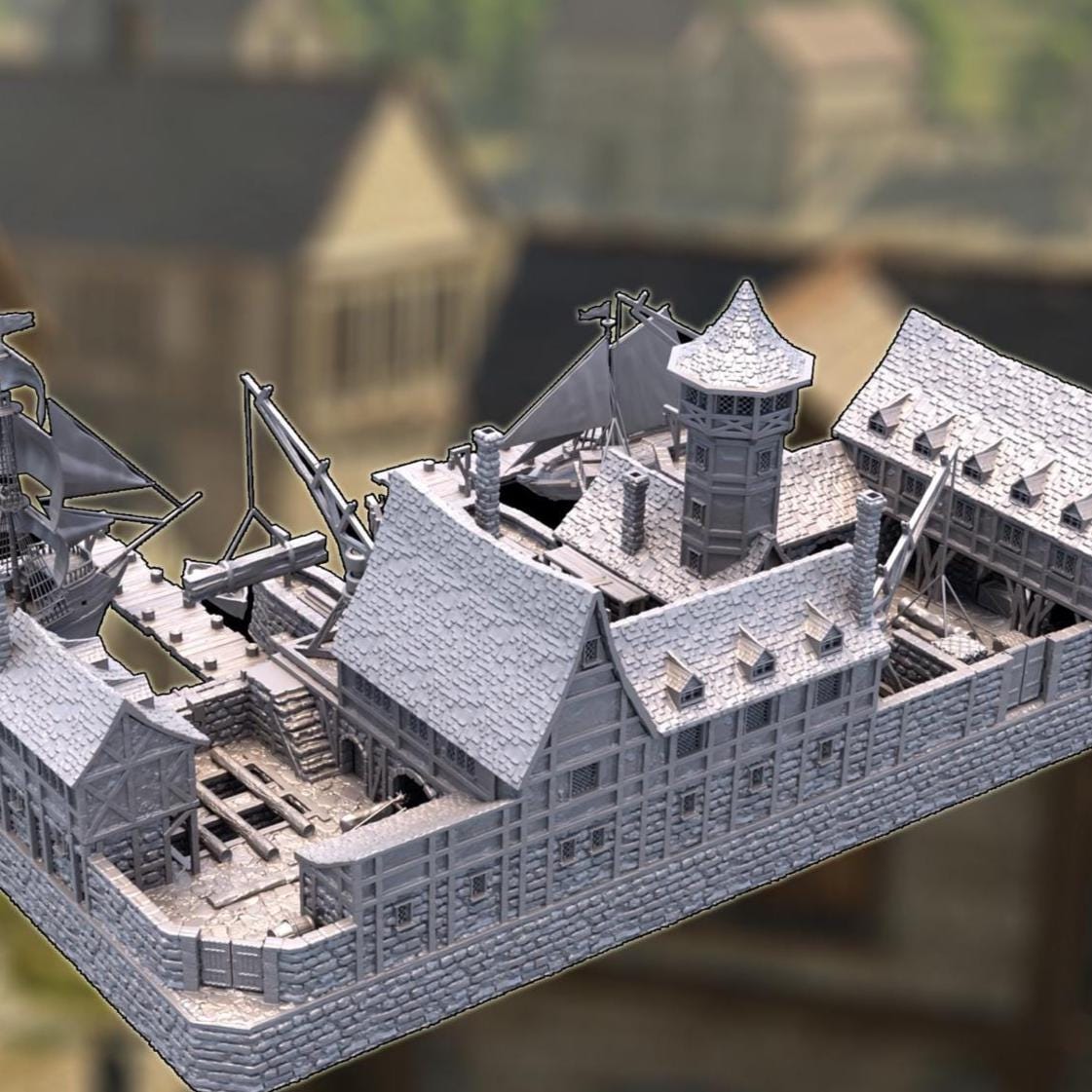 Medieval Shipyard | 28mm Dockyard Terrain with Galleon, Schooner & Rowboats | 3D Printed PLA Harbor Set