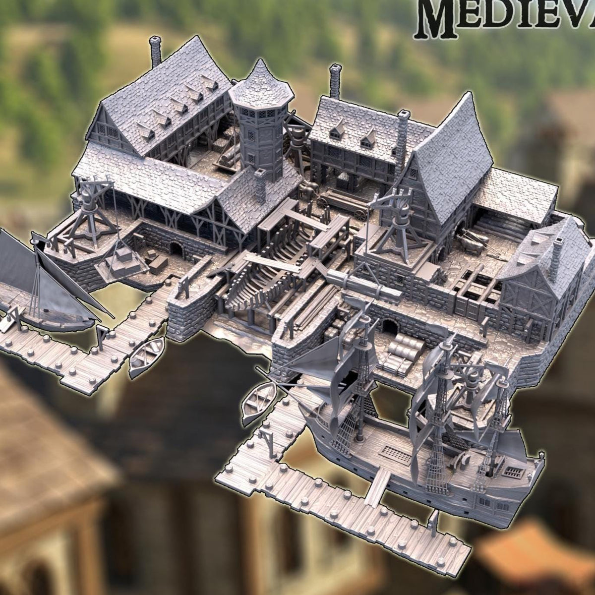Medieval Shipyard | 28mm Dockyard Terrain with Galleon, Schooner & Rowboats | 3D Printed PLA Harbor Set