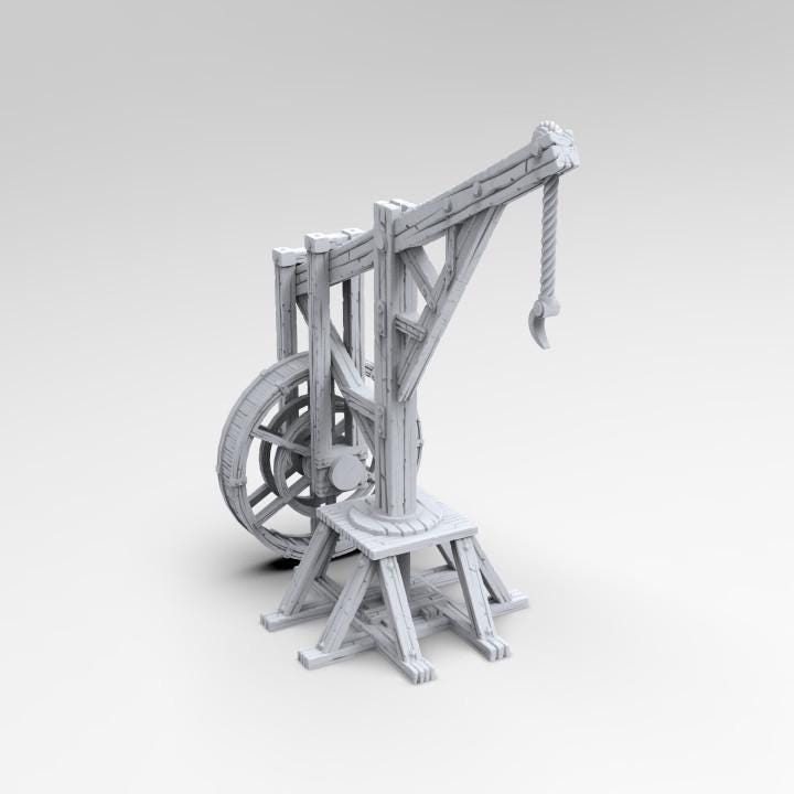 The Threadwheel Crane stands tall on the docks of Ancrabourg, its massive wooden wheel ready to lift barrels, crates, and treasure from the harbor. A working landmark of trade, labor, and adventure.