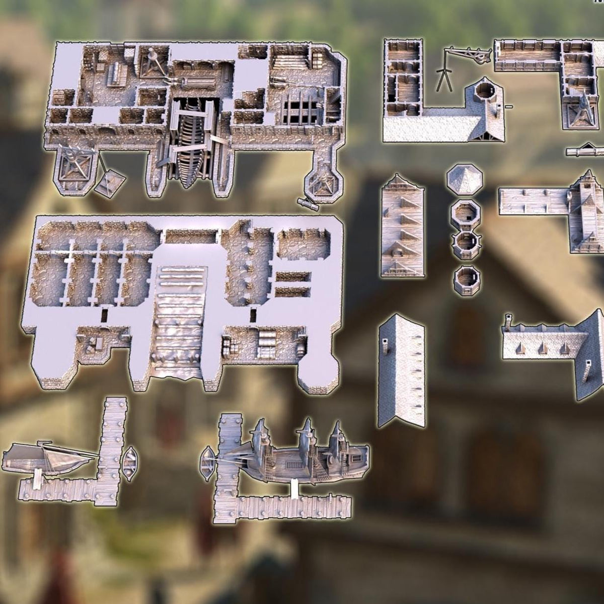 Medieval Shipyard | 28mm Dockyard Terrain with Galleon, Schooner & Rowboats | 3D Printed PLA Harbor Set