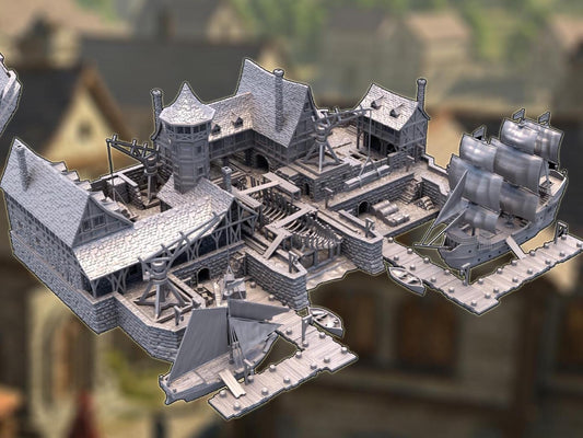 Medieval Shipyard | 28mm Dockyard Terrain with Galleon, Schooner & Rowboats | 3D Printed PLA Harbor Set