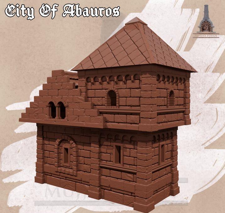 This 3D printed unpainted gray PLA model shows the 28 mm City of Abauros House 3 — a detailed stone townhouse with a steep roof, arched windows, and stairway entrance. Designed for tabletop terrain in DnD, Pathfinder, and wargaming, it fits a 1-inch grid and features modular floors for play access. The classic Abauros style gives it a solid civic look suited for any fantasy city scene.