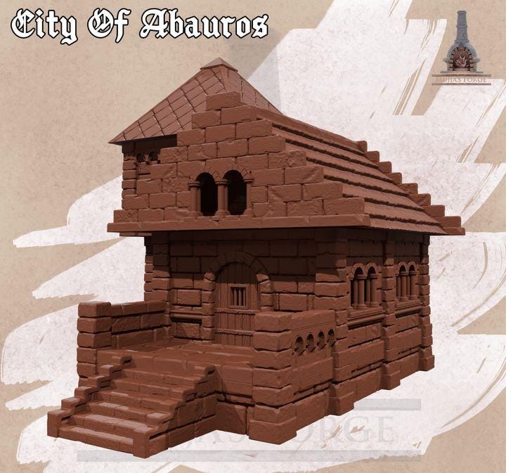 This 3D printed unpainted gray PLA model shows the 28 mm City of Abauros House 3 — a detailed stone townhouse with a steep roof, arched windows, and stairway entrance. Designed for tabletop terrain in DnD, Pathfinder, and wargaming, it fits a 1-inch grid and features modular floors for play access. The classic Abauros style gives it a solid civic look suited for any fantasy city scene.
