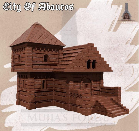 This 3D printed unpainted gray PLA model shows the 28 mm City of Abauros House 3 — a detailed stone townhouse with a steep roof, arched windows, and stairway entrance. Designed for tabletop terrain in DnD, Pathfinder, and wargaming, it fits a 1-inch grid and features modular floors for play access. The classic Abauros style gives it a solid civic look suited for any fantasy city scene.