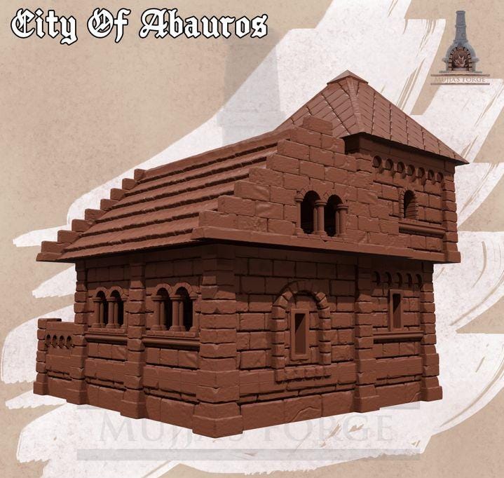 This 3D printed unpainted gray PLA model shows the 28 mm City of Abauros House 3 — a detailed stone townhouse with a steep roof, arched windows, and stairway entrance. Designed for tabletop terrain in DnD, Pathfinder, and wargaming, it fits a 1-inch grid and features modular floors for play access. The classic Abauros style gives it a solid civic look suited for any fantasy city scene.