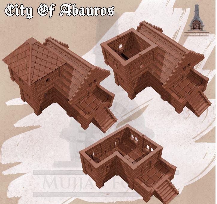 This 3D printed unpainted gray PLA model shows the 28 mm City of Abauros House 3 — a detailed stone townhouse with a steep roof, arched windows, and stairway entrance. Designed for tabletop terrain in DnD, Pathfinder, and wargaming, it fits a 1-inch grid and features modular floors for play access. The classic Abauros style gives it a solid civic look suited for any fantasy city scene.