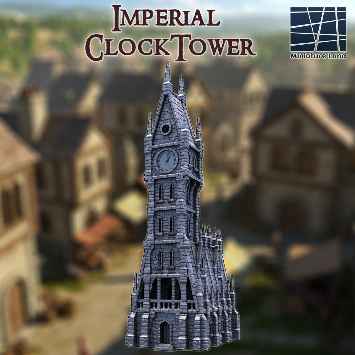 This 28 mm 3D printed unpainted gray PLA Imperial ClockTower stands with tall gothic stonework, narrow windows, and clock faces carved into each side. Designed for 1-inch grid play in DnD, Pathfinder, and wargaming, the tower creates a dramatic vertical landmark on the table. Its textured stone blocks and steep roof catch paint cleanly, giving the model a commanding presence in any fantasy city layout.