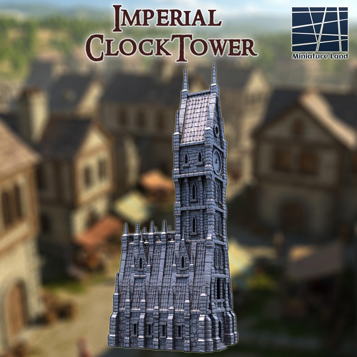 This 28 mm 3D printed unpainted gray PLA Imperial ClockTower stands with tall gothic stonework, narrow windows, and clock faces carved into each side. Designed for 1-inch grid play in DnD, Pathfinder, and wargaming, the tower creates a dramatic vertical landmark on the table. Its textured stone blocks and steep roof catch paint cleanly, giving the model a commanding presence in any fantasy city layout.