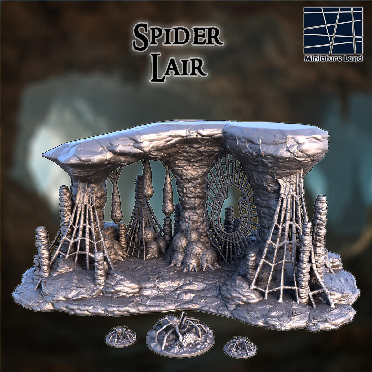 This 28 mm 3D printed unpainted gray PLA Spider Lair features a cavern platform packed with webbed pillars, stalagmites, and a circular ring-web entrance. Three web cluster scatter bases add flexible encounter points for DnD, Pathfinder, or wargaming on a 1-inch grid. The layered stone, hanging cocoons, and dense webbing create a perfect atmosphere for an underdark or horror-themed ambush.
