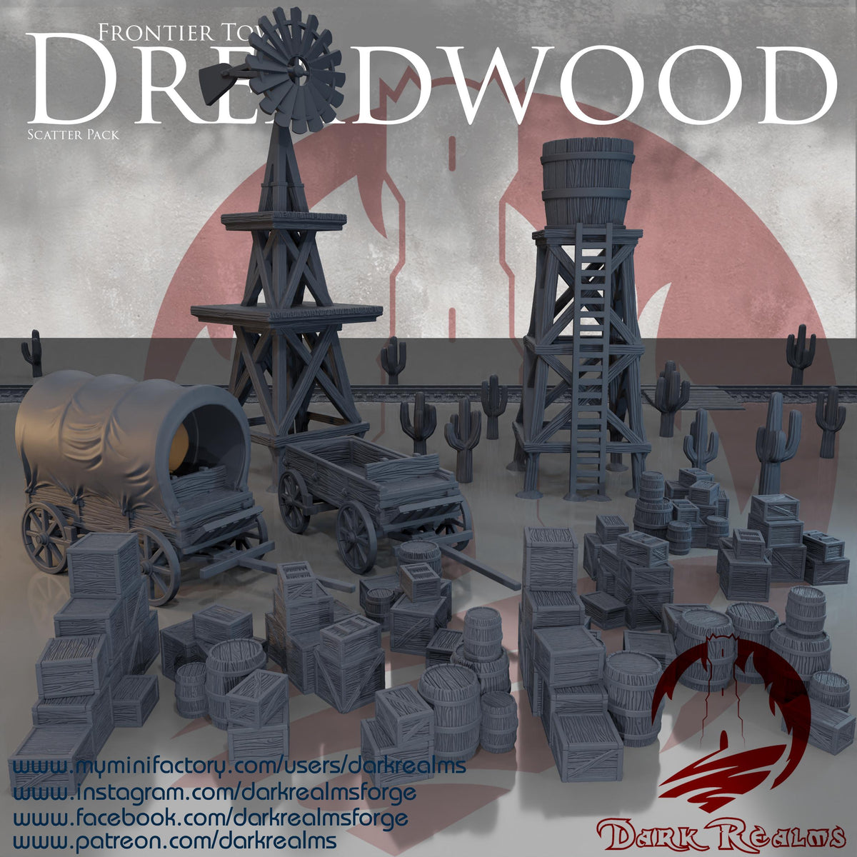 Old West Town Props Pack – 28mm Frontier Scatter Terrain, 3D Printed Unpainted PLA