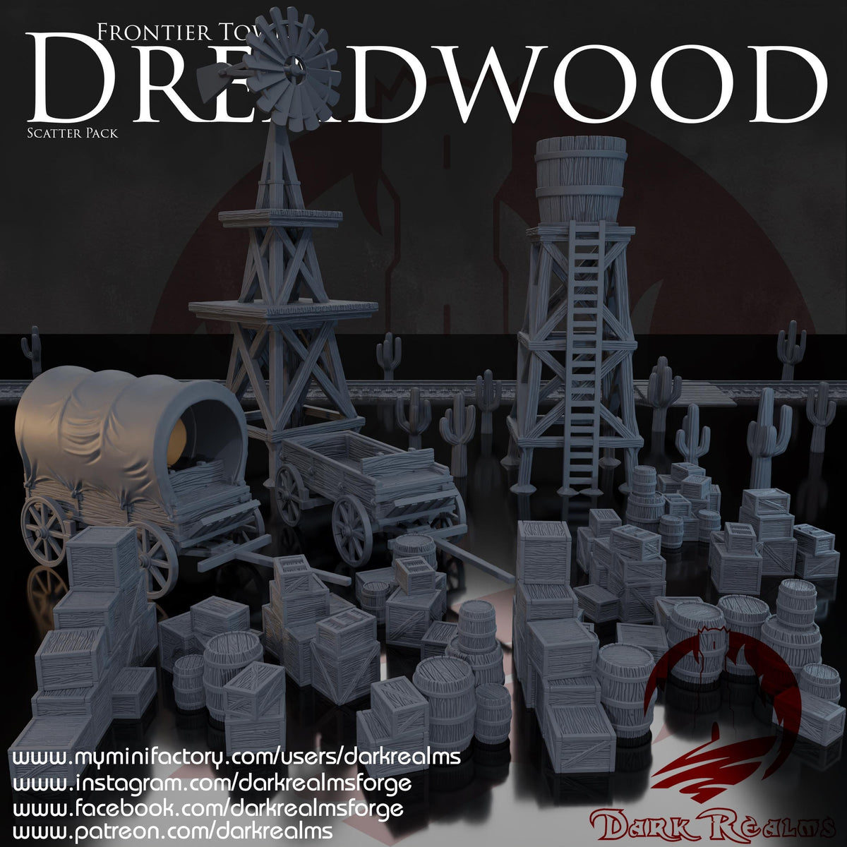 Old West Town Props Pack – 28mm Frontier Scatter Terrain, 3D Printed Unpainted PLA