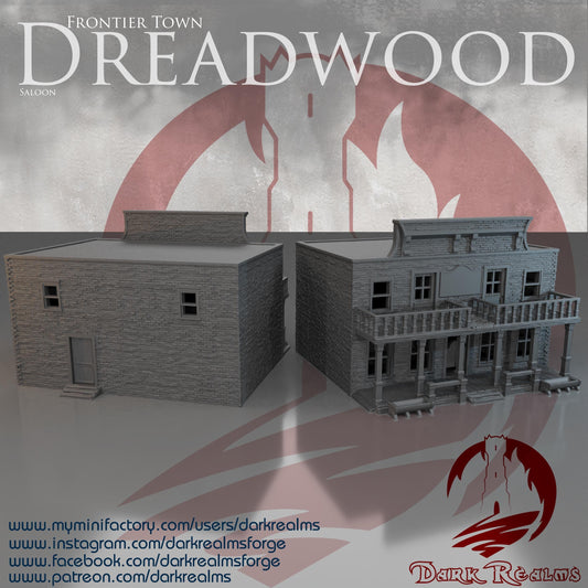This 28 mm 3D printed unpainted gray PLA Old West Saloon features a classic balcony, covered porch, and detailed frontier façade. The included rear structure forms the full building footprint, perfect for DnD, Pathfinder, or wargaming tables using a 1-inch grid. The wood-plank siding and iconic western shape bring authentic Old West atmosphere to any scene.
