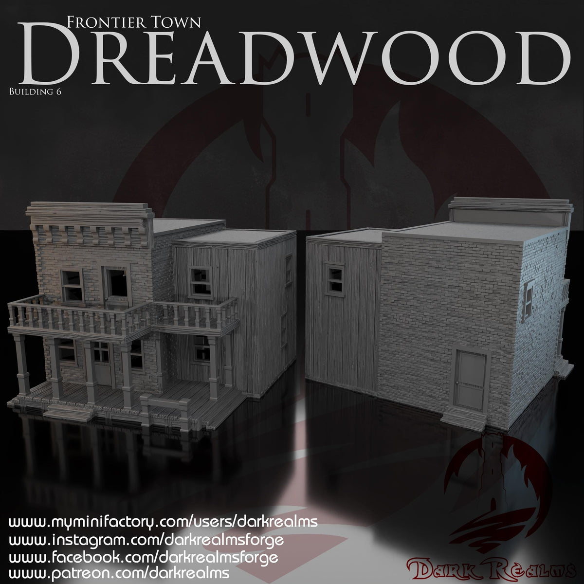 A 3D printed, unpainted gray PLA general store stands in true 28 mm scale on a 1-inch grid, designed for DnD / Pathfinder / wargaming. The stone-front façade, upper balcony, and wide porch capture the feel of a bustling frontier shop. Behind it, a solid rear extension expands the footprint, making the structure read like a full-service store with its own storage block. It brings authentic old west texture straight to the tabletop.