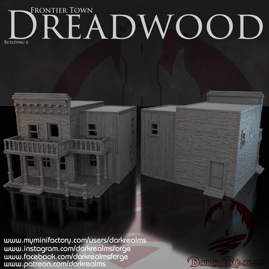 A 3D printed, unpainted gray PLA general store stands in true 28 mm scale on a 1-inch grid, designed for DnD / Pathfinder / wargaming. The stone-front façade, upper balcony, and wide porch capture the feel of a bustling frontier shop. Behind it, a solid rear extension expands the footprint, making the structure read like a full-service store with its own storage block. It brings authentic old west texture straight to the tabletop.