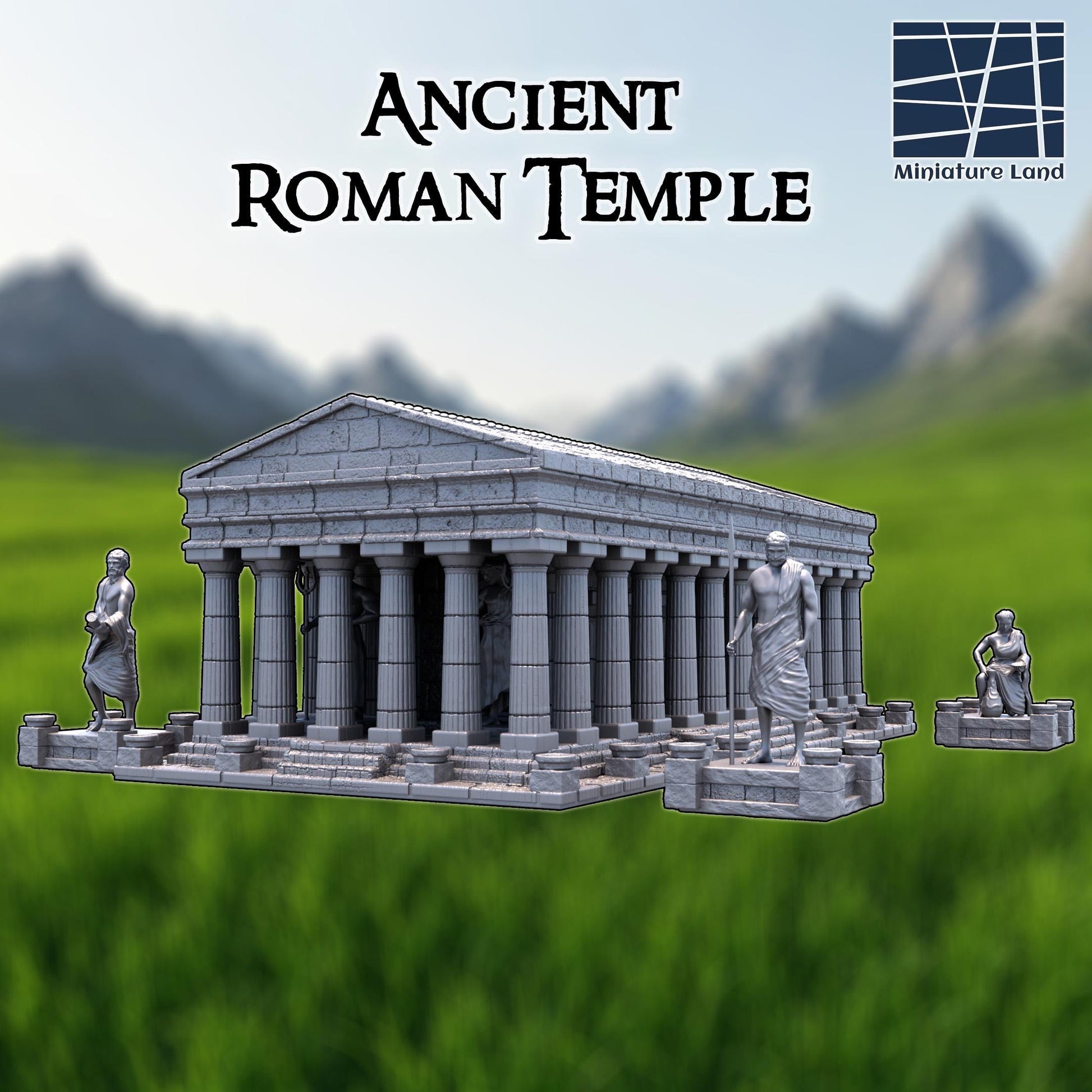 A 3D printed, unpainted gray PLA Roman temple stands in full 28 mm scale, built for tabletop terrain in DnD / Pathfinder / wargaming on a 1-inch grid. The structure spans 16 inches by 20 inches, with fluted columns surrounding a heavy stone platform. Four statue plinths frame the perimeter, giving the build monumental presence. Crisp block textures and clean lines make it read like a sacred landmark even before paint.