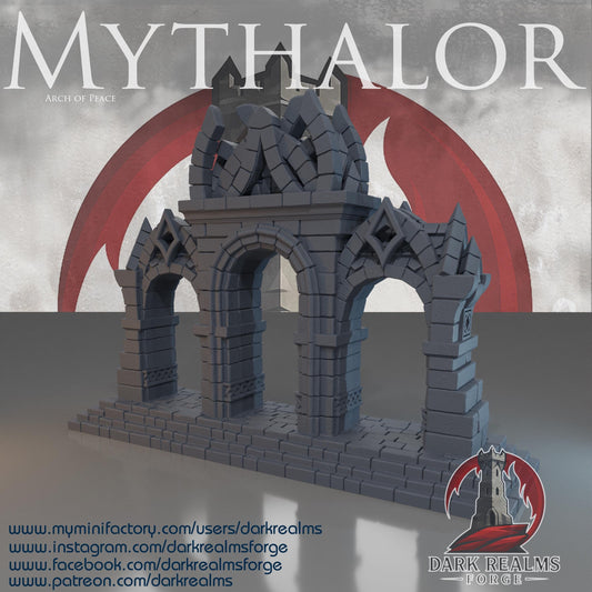 A 3D printed, unpainted gray PLA Arch of Peace rises in full 28 mm scale on a 1-inch grid, built as one solid monument for DnD / Pathfinder / wargaming. The piece stands 7 inches wide and 6 inches tall, with three carved arches and a fractured spire crown stacked above them. Its stone blocks and tiled base read clearly before paint, giving the structure the presence of an ancient Mythalor landmark.