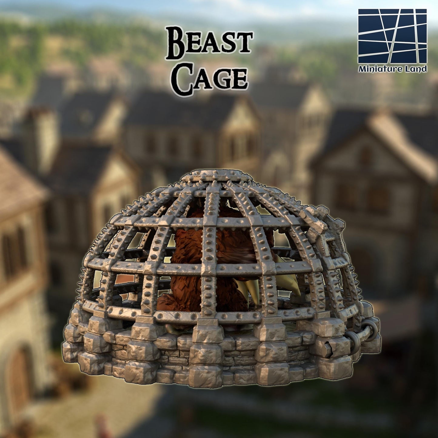 A 3D printed, unpainted gray PLA beast cage sits in full 28 mm scale on a 1-inch grid, built as rugged tabletop terrain for DnD / Pathfinder / wargaming. The dome of riveted metal bars locks onto a stone-block base, forming a heavy containment structure. The removable top and door section make placing miniatures simple. Its textures read clearly before paint, giving the piece an immediate sense of danger and story.