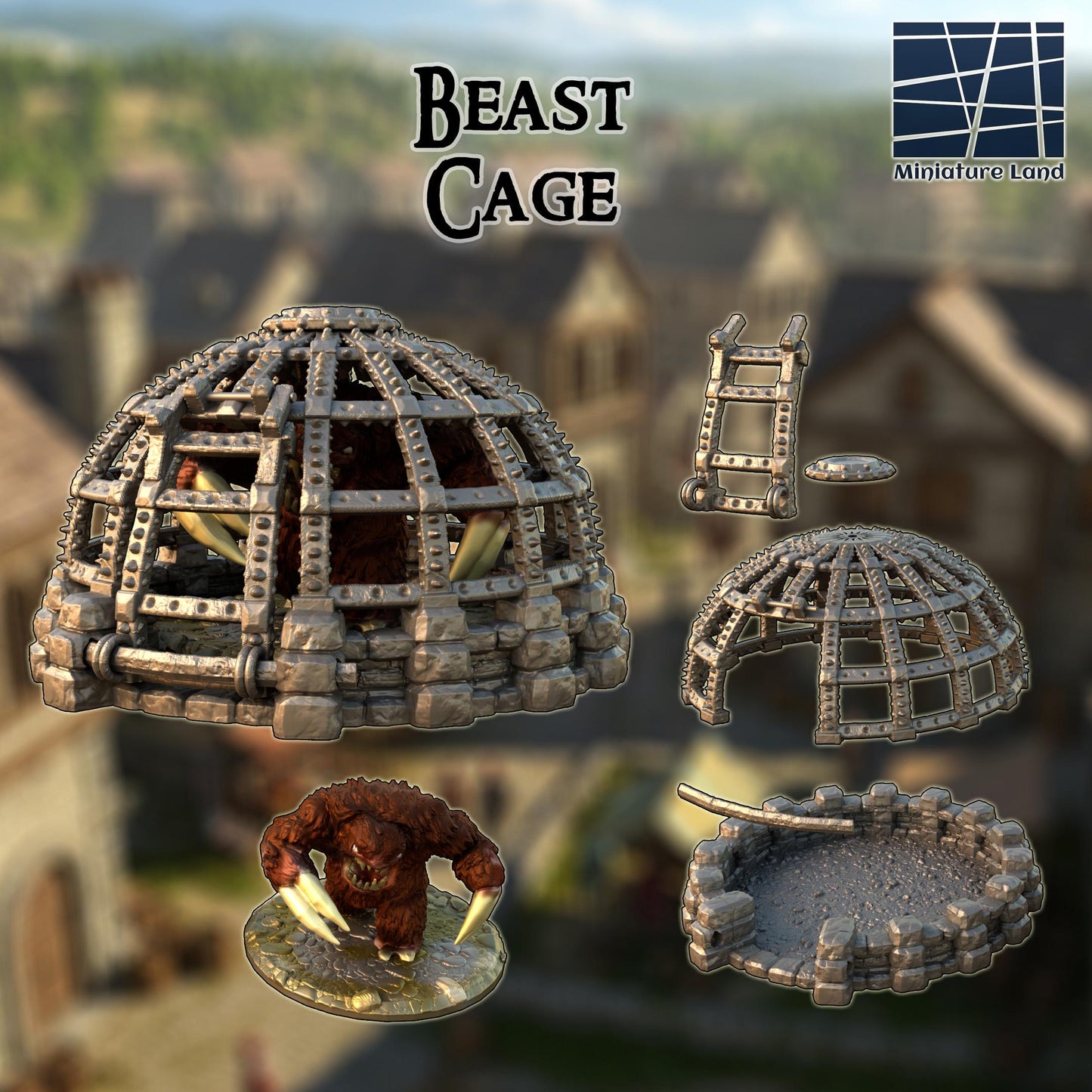 A 3D printed, unpainted gray PLA beast cage sits in full 28 mm scale on a 1-inch grid, built as rugged tabletop terrain for DnD / Pathfinder / wargaming. The dome of riveted metal bars locks onto a stone-block base, forming a heavy containment structure. The removable top and door section make placing miniatures simple. Its textures read clearly before paint, giving the piece an immediate sense of danger and story.
