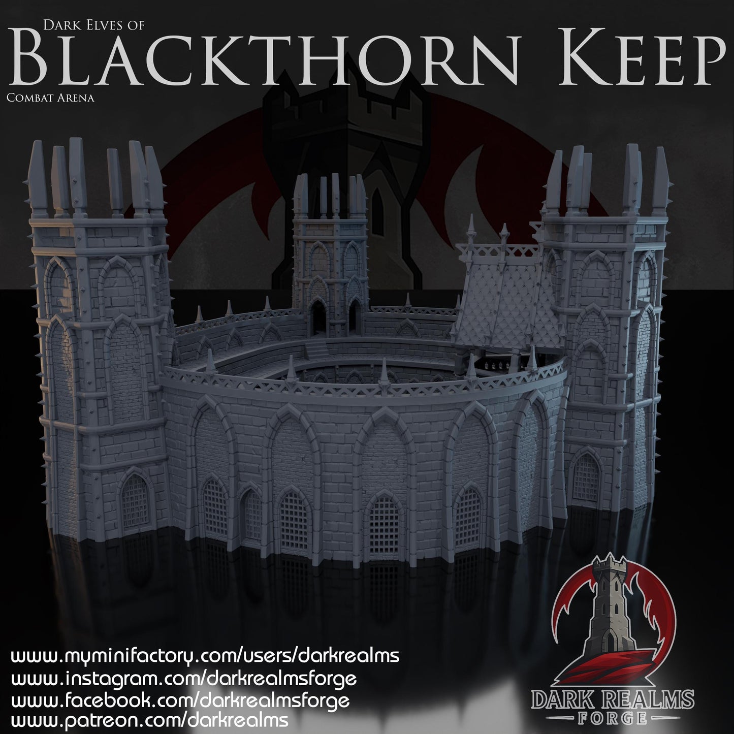 This 3D printed combat arena rises in unpainted gray PLA, shaped for 28 mm tabletop terrain and built with tall towers, narrow arches, and ribbed stone walls. The structure forms a full ring around a central pit, matching the look of grim Dark Elf architecture without adding anything beyond what’s visible. Designed for DnD / Pathfinder / wargaming on a 1-inch grid, the heavy stone blocks and sharp battlements give it a fortified presence before paint ever touches it.
