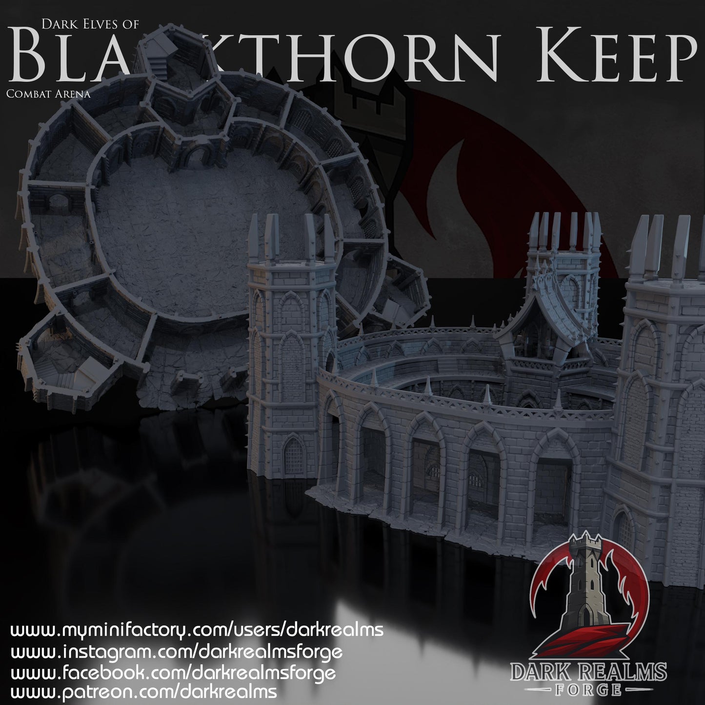 This 3D printed combat arena rises in unpainted gray PLA, shaped for 28 mm tabletop terrain and built with tall towers, narrow arches, and ribbed stone walls. The structure forms a full ring around a central pit, matching the look of grim Dark Elf architecture without adding anything beyond what’s visible. Designed for DnD / Pathfinder / wargaming on a 1-inch grid, the heavy stone blocks and sharp battlements give it a fortified presence before paint ever touches it.