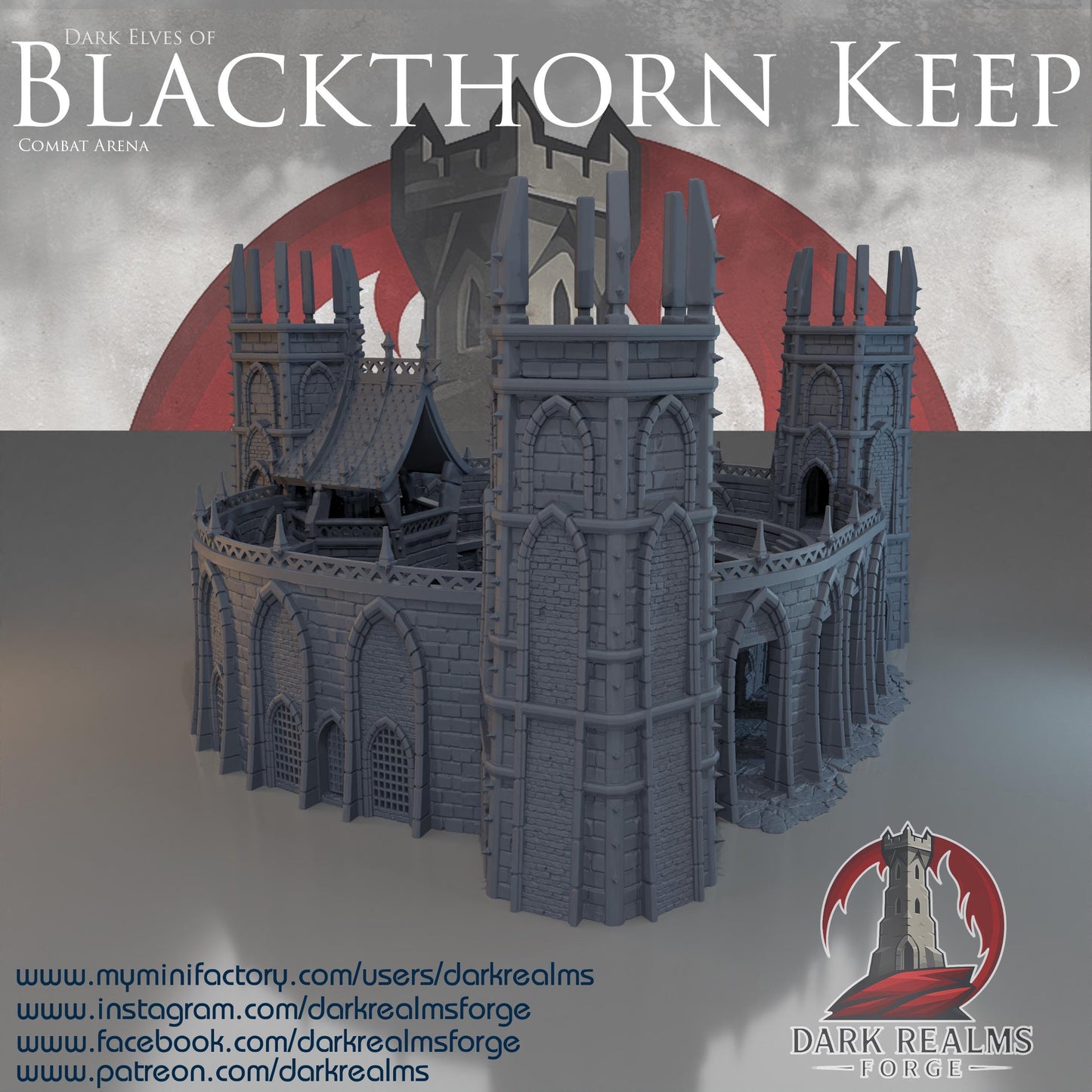 This 3D printed combat arena rises in unpainted gray PLA, shaped for 28 mm tabletop terrain and built with tall towers, narrow arches, and ribbed stone walls. The structure forms a full ring around a central pit, matching the look of grim Dark Elf architecture without adding anything beyond what’s visible. Designed for DnD / Pathfinder / wargaming on a 1-inch grid, the heavy stone blocks and sharp battlements give it a fortified presence before paint ever touches it.