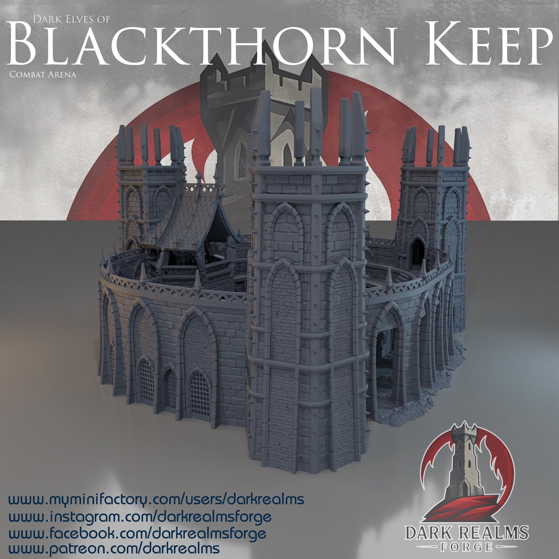 This 3D printed combat arena rises in unpainted gray PLA, shaped for 28 mm tabletop terrain and built with tall towers, narrow arches, and ribbed stone walls. The structure forms a full ring around a central pit, matching the look of grim Dark Elf architecture without adding anything beyond what’s visible. Designed for DnD / Pathfinder / wargaming on a 1-inch grid, the heavy stone blocks and sharp battlements give it a fortified presence before paint ever touches it.
