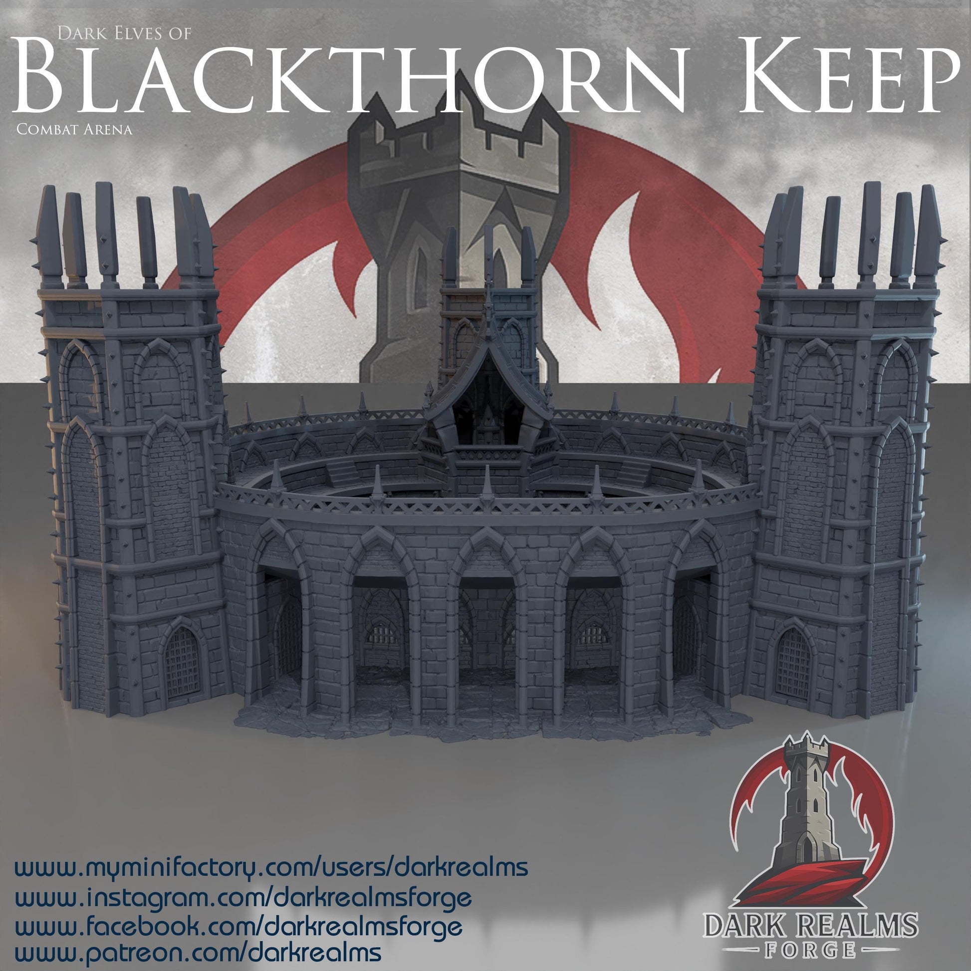 This 3D printed combat arena rises in unpainted gray PLA, shaped for 28 mm tabletop terrain and built with tall towers, narrow arches, and ribbed stone walls. The structure forms a full ring around a central pit, matching the look of grim Dark Elf architecture without adding anything beyond what’s visible. Designed for DnD / Pathfinder / wargaming on a 1-inch grid, the heavy stone blocks and sharp battlements give it a fortified presence before paint ever touches it.