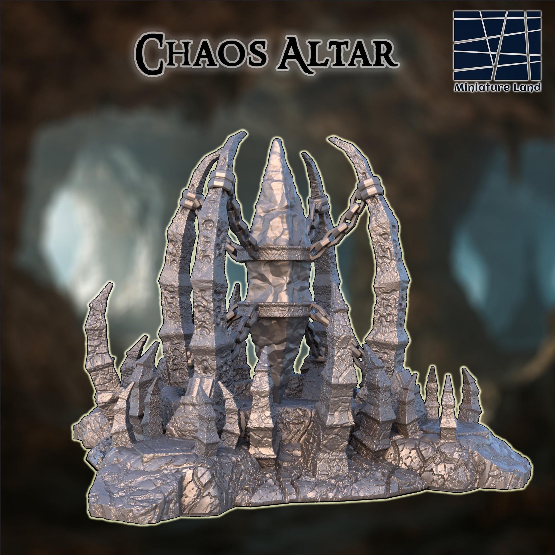 This 3D printed chaos altar rises in unpainted gray PLA, built for 28 mm tabletop terrain with jagged stone spires, a suspended central core, and heavy chains locking it into place. The steps, fractured rock textures, and ringed platform make it read immediately as a ritual site for DnD / Pathfinder / wargaming scenarios. On a 1-inch grid, the structure sits like a carved altar cut straight from cavern stone, ready for paint but already carrying a story in its raw geometry.