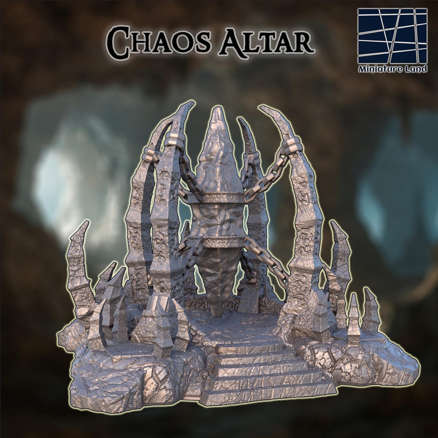 This 3D printed chaos altar rises in unpainted gray PLA, built for 28 mm tabletop terrain with jagged stone spires, a suspended central core, and heavy chains locking it into place. The steps, fractured rock textures, and ringed platform make it read immediately as a ritual site for DnD / Pathfinder / wargaming scenarios. On a 1-inch grid, the structure sits like a carved altar cut straight from cavern stone, ready for paint but already carrying a story in its raw geometry.