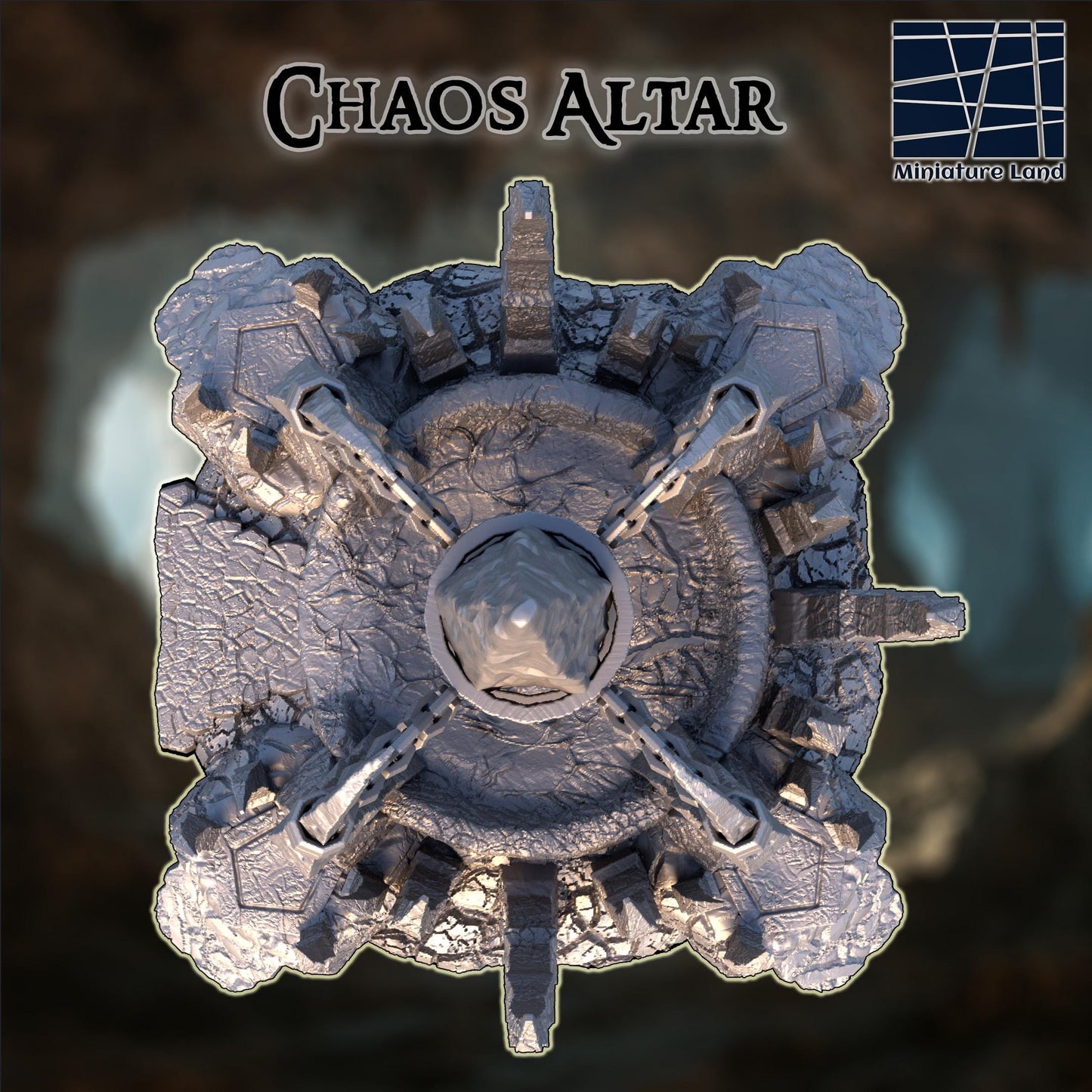 This 3D printed chaos altar rises in unpainted gray PLA, built for 28 mm tabletop terrain with jagged stone spires, a suspended central core, and heavy chains locking it into place. The steps, fractured rock textures, and ringed platform make it read immediately as a ritual site for DnD / Pathfinder / wargaming scenarios. On a 1-inch grid, the structure sits like a carved altar cut straight from cavern stone, ready for paint but already carrying a story in its raw geometry.