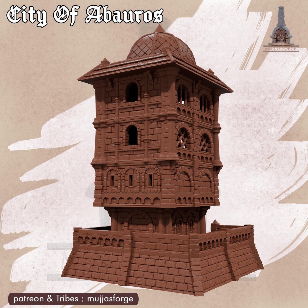A towering 28 mm structure rises above the tabletop terrain, rendered in unpainted gray PLA with layered stone textures and open-arch windows. Its domed roof and fortified base establish it as a commanding Skywatch point for DnD, Pathfinder, or wargaming encounters. Stacked floors and a wide stair approach sit cleanly on a 1-inch grid, giving the piece clear purpose and striking vertical presence.