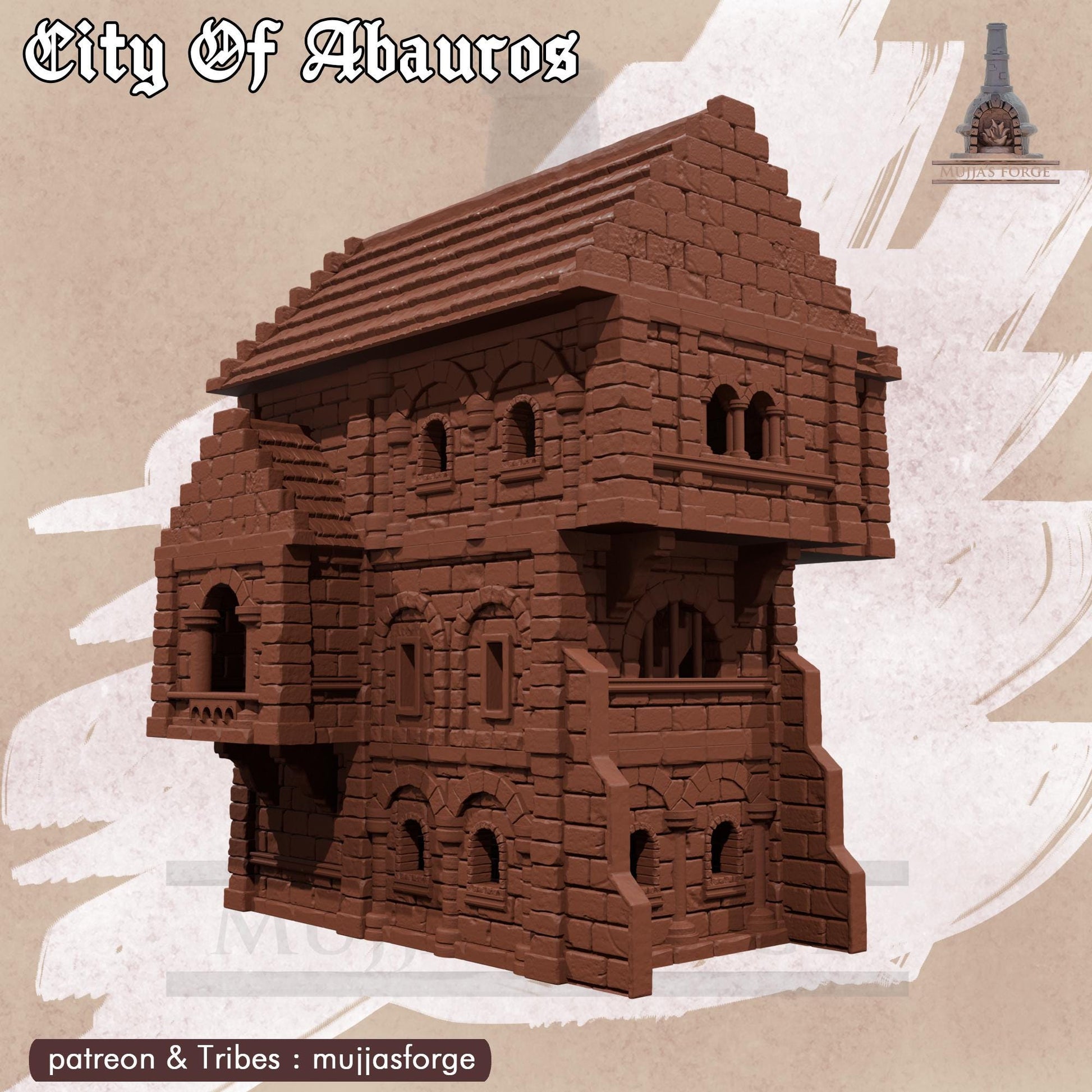 This 3D printed Magistrate’s House rises in unpainted gray PLA, built in a 28 mm scale for tabletop terrain across DnD, Pathfinder, and wargaming scenarios. The structure shows stacked stone walls, arched windows, and a balcony overlooking the 1-inch grid below. Its layered floors and exterior stairway create natural elevation and tight interior spaces for encounters. The design captures the civic architecture of Abauros without adding anything beyond what’s visible.
