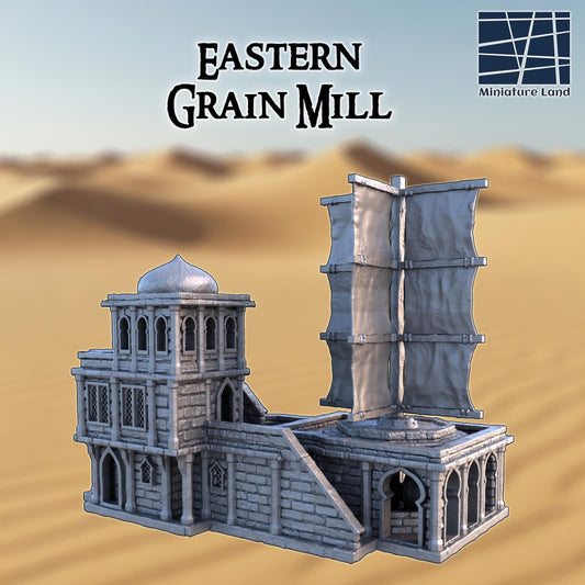 This 3D printed Eastern Grain Mill stands in unpainted gray PLA, built for 28 mm tabletop terrain on a 1-inch grid. The domed tower rises over arched stone walls, with lattice windows and carved pillars shaping the silhouette. The tall wind-sail structure anchors the rear of the complex, feeding power to the grinding wheels inside. On a DnD / Pathfinder / wargaming table, it reads immediately as a working desert mill on the edge of a trade route.
