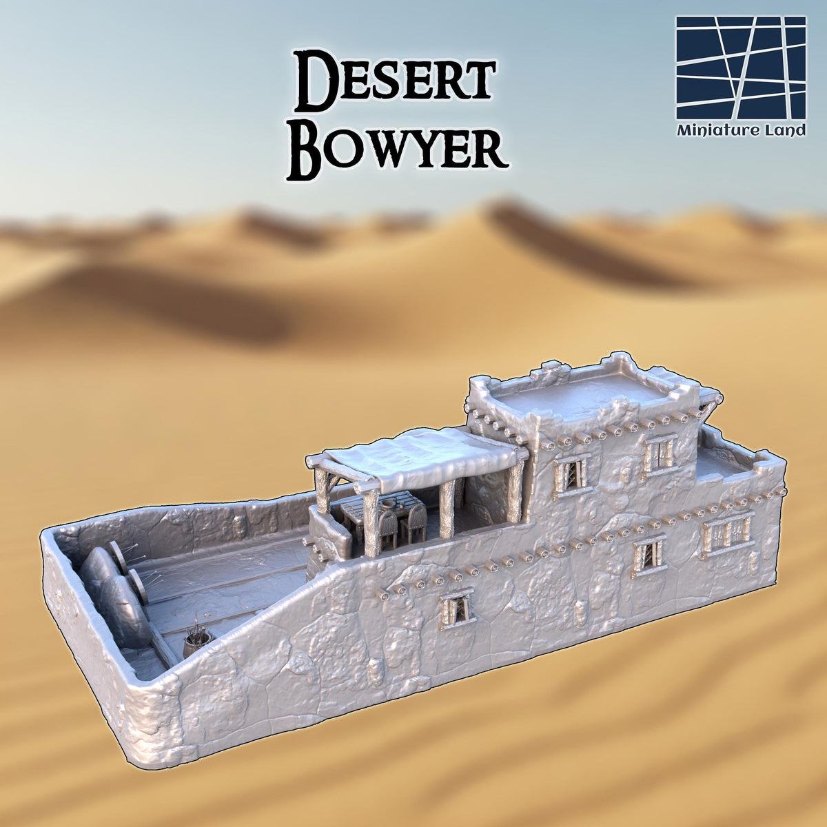 This 3D printed Desert Bowyer sits in unpainted gray PLA, scaled for 28 mm tabletop terrain on a 1-inch grid. Thick adobe-style walls surround a sloped courtyard with barrels, tools, and a covered crafting stall. The upper loft rises above arched openings and shaded awnings, giving the structure a lived-in desert workshop feel. In DnD / Pathfinder / wargaming, it reads instantly as a bowmaker’s shop on the edge of a sun-beaten settlement.