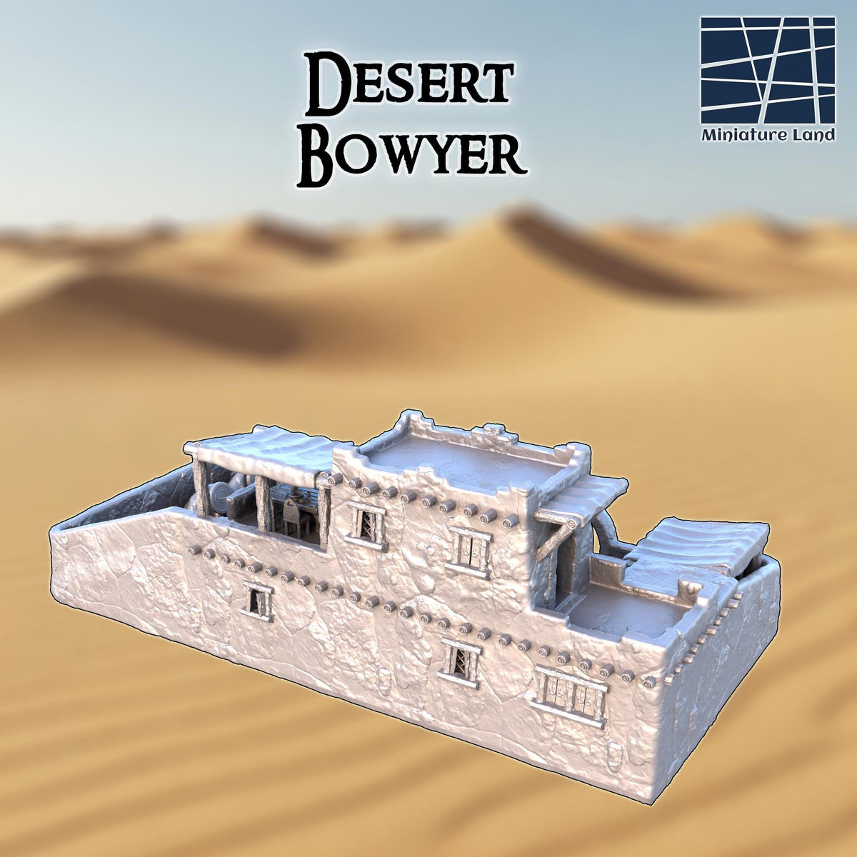 This 3D printed Desert Bowyer sits in unpainted gray PLA, scaled for 28 mm tabletop terrain on a 1-inch grid. Thick adobe-style walls surround a sloped courtyard with barrels, tools, and a covered crafting stall. The upper loft rises above arched openings and shaded awnings, giving the structure a lived-in desert workshop feel. In DnD / Pathfinder / wargaming, it reads instantly as a bowmaker’s shop on the edge of a sun-beaten settlement.