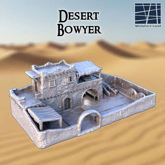 This 3D printed Desert Bowyer sits in unpainted gray PLA, scaled for 28 mm tabletop terrain on a 1-inch grid. Thick adobe-style walls surround a sloped courtyard with barrels, tools, and a covered crafting stall. The upper loft rises above arched openings and shaded awnings, giving the structure a lived-in desert workshop feel. In DnD / Pathfinder / wargaming, it reads instantly as a bowmaker’s shop on the edge of a sun-beaten settlement.