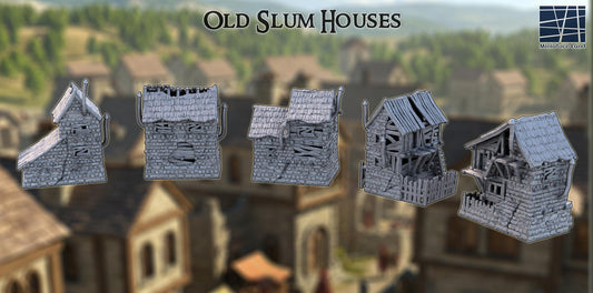 These six 3D printed slum houses appear in unpainted gray PLA, designed for 28 mm tabletop terrain on a 1-inch grid. Each structure shows cracked stone bases, warped timber supports, and split roof planks exactly as seen in the images. The crooked balconies, leaning walls, and broken fencing make them ideal for DnD / Pathfinder / wargaming scenarios set in rundown districts. Together, they form a tight cluster of weathered buildings that feel one bad storm away from collapse.