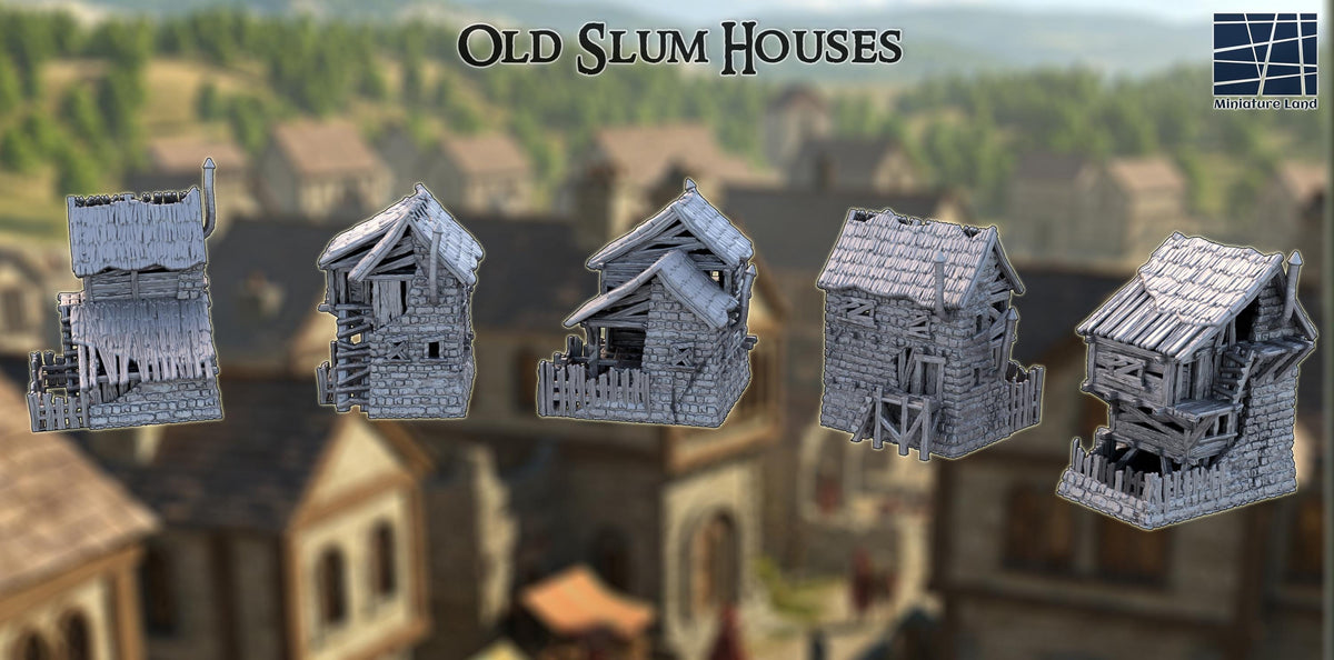 These six 3D printed slum houses appear in unpainted gray PLA, designed for 28 mm tabletop terrain on a 1-inch grid. Each structure shows cracked stone bases, warped timber supports, and split roof planks exactly as seen in the images. The crooked balconies, leaning walls, and broken fencing make them ideal for DnD / Pathfinder / wargaming scenarios set in rundown districts. Together, they form a tight cluster of weathered buildings that feel one bad storm away from collapse.