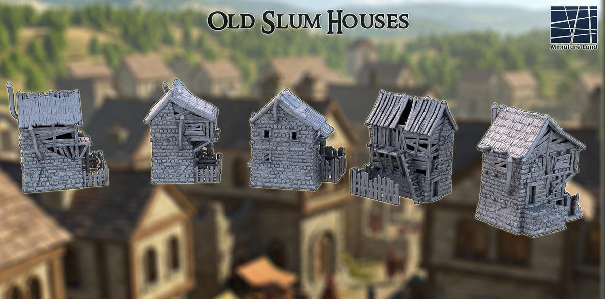 These six 3D printed slum houses appear in unpainted gray PLA, designed for 28 mm tabletop terrain on a 1-inch grid. Each structure shows cracked stone bases, warped timber supports, and split roof planks exactly as seen in the images. The crooked balconies, leaning walls, and broken fencing make them ideal for DnD / Pathfinder / wargaming scenarios set in rundown districts. Together, they form a tight cluster of weathered buildings that feel one bad storm away from collapse.