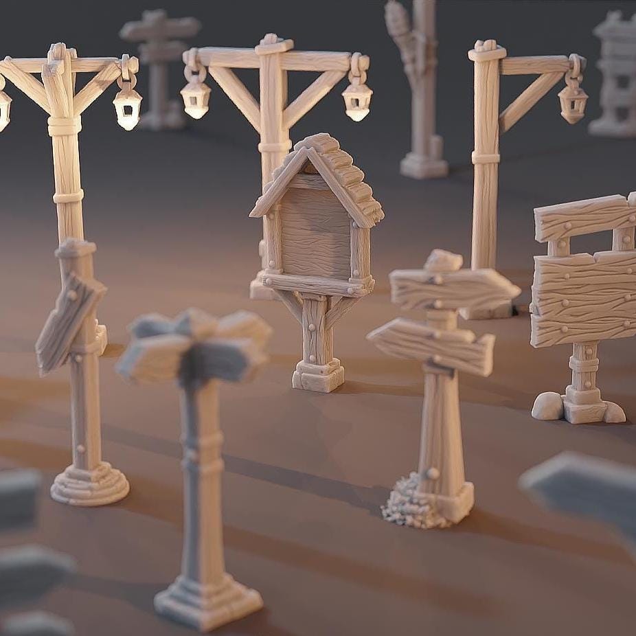 Kingdom of Guardia Signs, Posts & Boards – 15-Piece Scatter Set – 1:60 Scale, 28mm miniatures