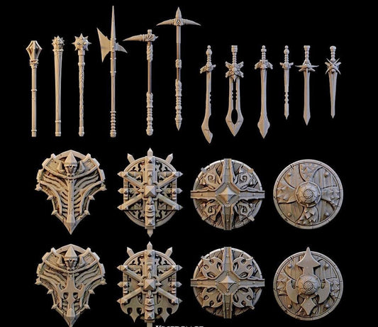 This 40-piece unpainted gray PLA set includes two of each weapon and shield shown—ornate polearms, blades, armored shields, and circular emblem shields—designed for 28 mm tabletop terrain and miniature conversions. Every sculpt carries the carved timber and fantasy iconography of the Kingdom of Guardia line, perfect for DnD / Pathfinder / wargaming on a 1-inch grid.