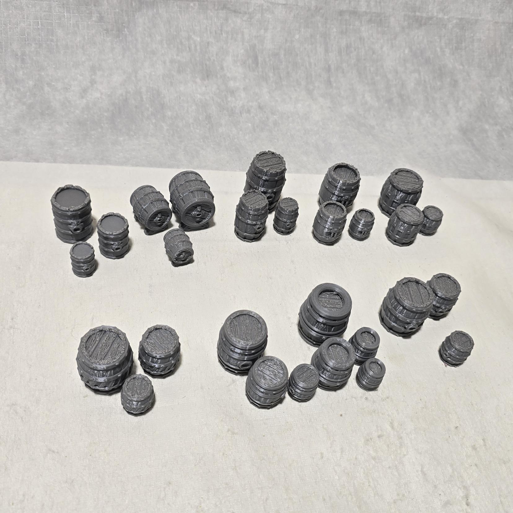 Barrel Scatter Set – 9 Unique Barrel Designs × 3 Sizes – 28mm Fantasy Terrain