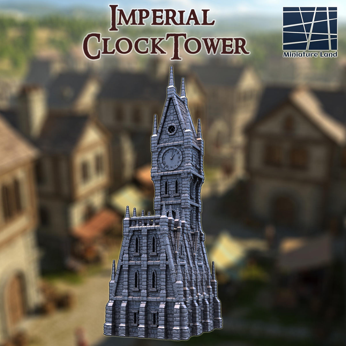 This 28 mm 3D printed unpainted gray PLA Imperial ClockTower stands with tall gothic stonework, narrow windows, and clock faces carved into each side. Designed for 1-inch grid play in DnD, Pathfinder, and wargaming, the tower creates a dramatic vertical landmark on the table. Its textured stone blocks and steep roof catch paint cleanly, giving the model a commanding presence in any fantasy city layout.
