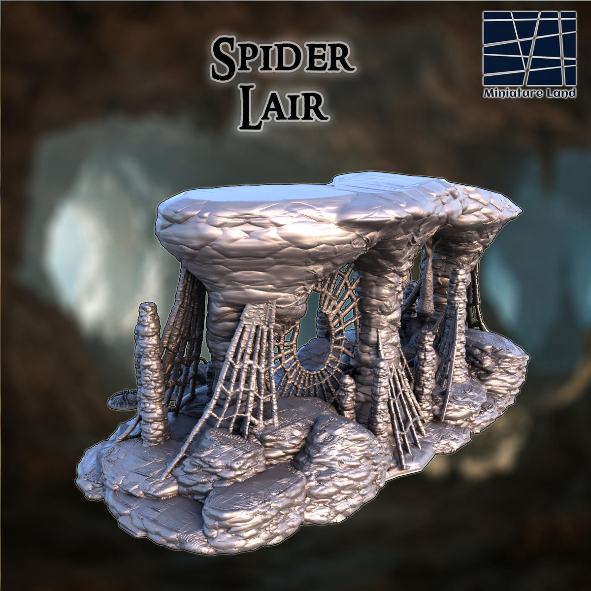 This 28 mm 3D printed unpainted gray PLA Spider Lair features a cavern platform packed with webbed pillars, stalagmites, and a circular ring-web entrance. Three web cluster scatter bases add flexible encounter points for DnD, Pathfinder, or wargaming on a 1-inch grid. The layered stone, hanging cocoons, and dense webbing create a perfect atmosphere for an underdark or horror-themed ambush.