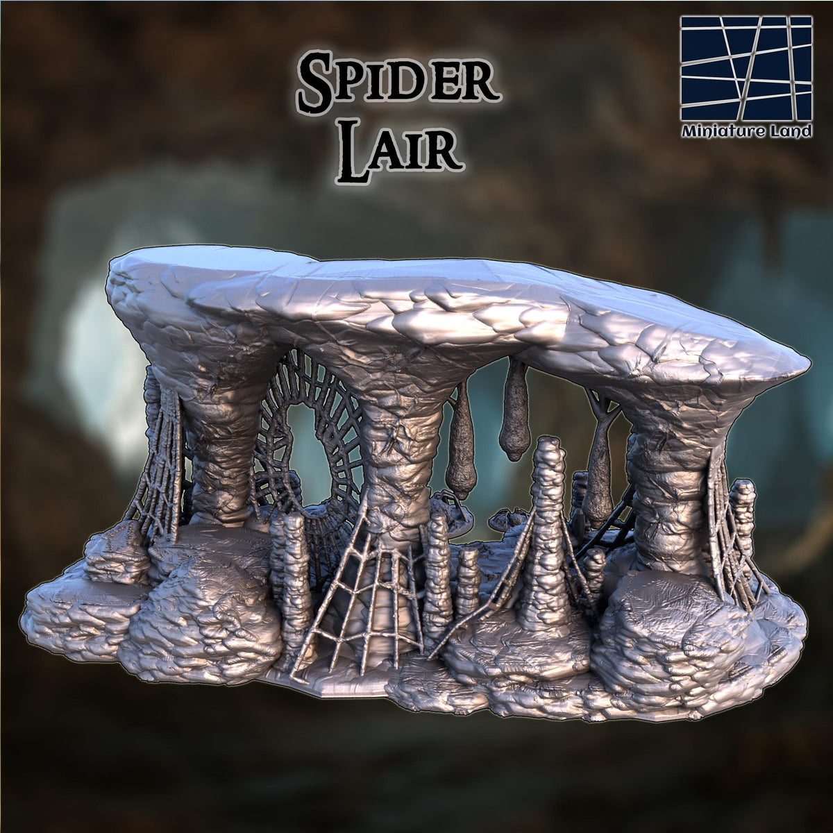 This 28 mm 3D printed unpainted gray PLA Spider Lair features a cavern platform packed with webbed pillars, stalagmites, and a circular ring-web entrance. Three web cluster scatter bases add flexible encounter points for DnD, Pathfinder, or wargaming on a 1-inch grid. The layered stone, hanging cocoons, and dense webbing create a perfect atmosphere for an underdark or horror-themed ambush.