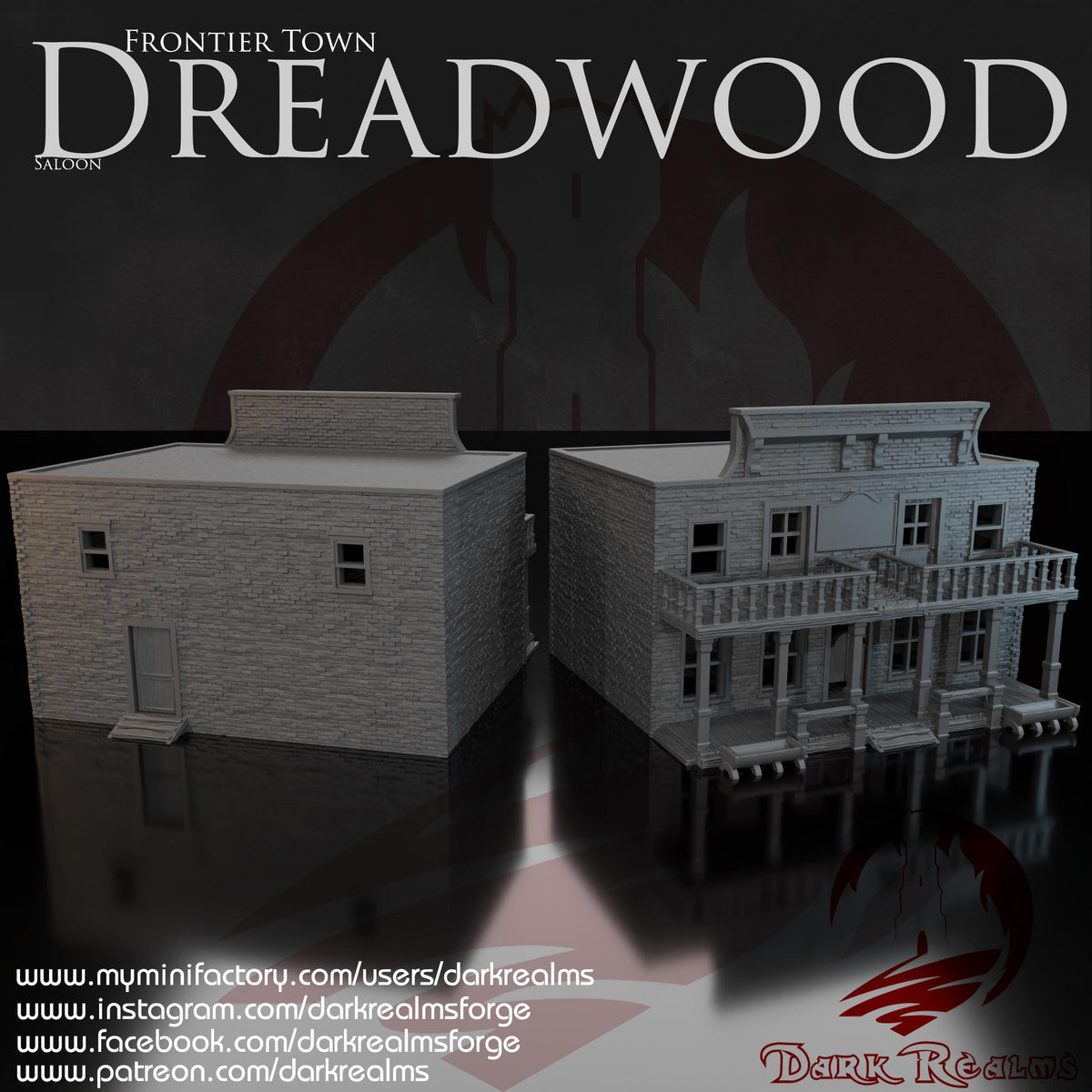This 28 mm 3D printed unpainted gray PLA Old West Saloon features a classic balcony, covered porch, and detailed frontier façade. The included rear structure forms the full building footprint, perfect for DnD, Pathfinder, or wargaming tables using a 1-inch grid. The wood-plank siding and iconic western shape bring authentic Old West atmosphere to any scene.