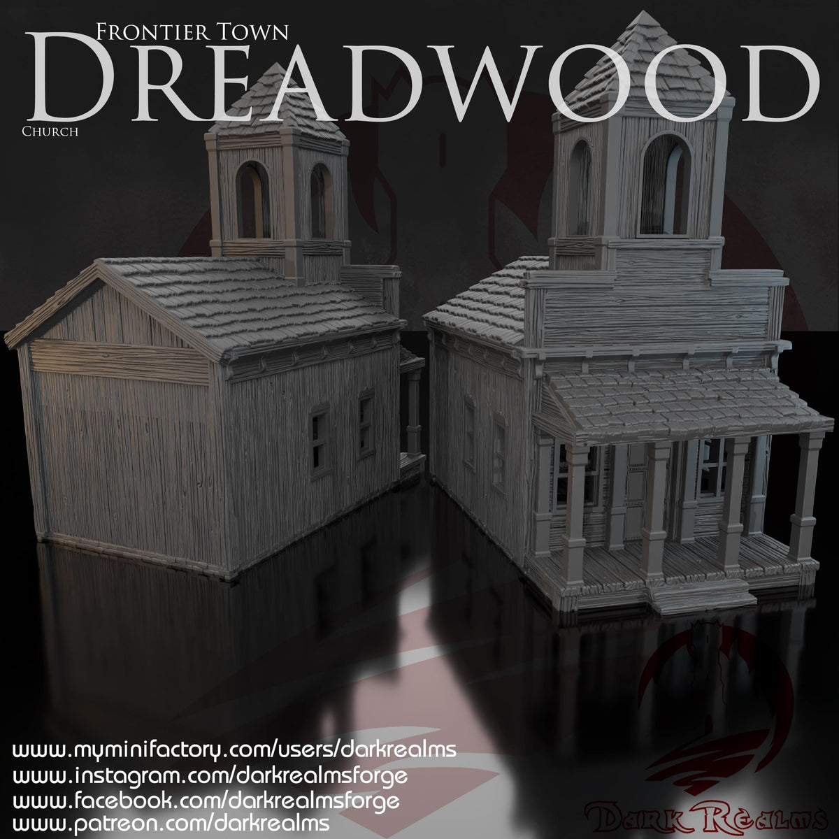A 3D printed, unpainted gray PLA frontier church stands in true 28 mm scale, ready for tabletop terrain in DnD / Pathfinder / wargaming on a 1-inch grid. The wood-plank siding, tall bell tower, and covered porch show crisp texture straight off the print bed. The model reads like a quiet landmark at the edge of a dusty street, waiting for whatever story your table builds next.